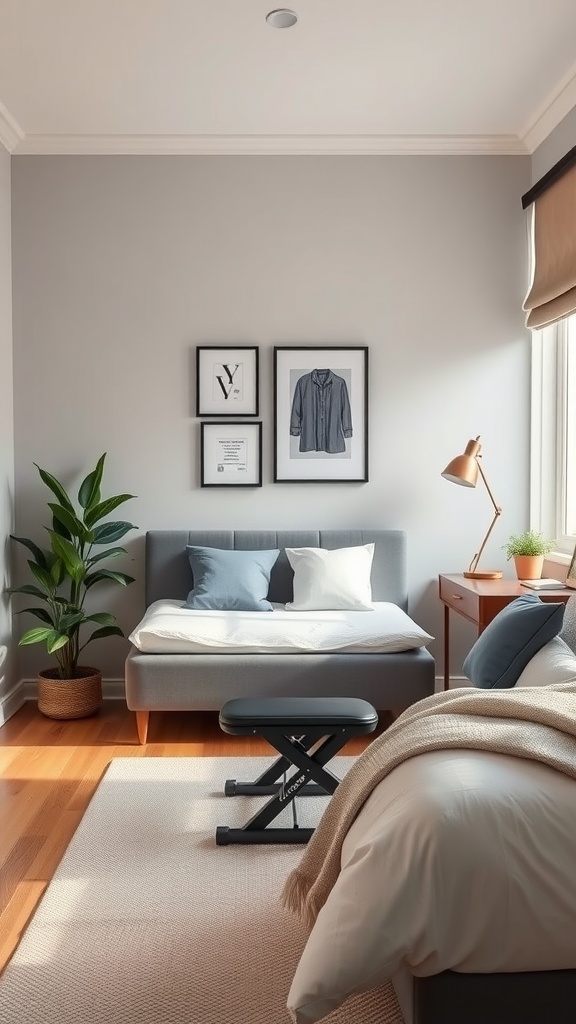 A cozy bedroom gym corner featuring a bed, a compact workout bench, a plant, and framed art on the wall.
