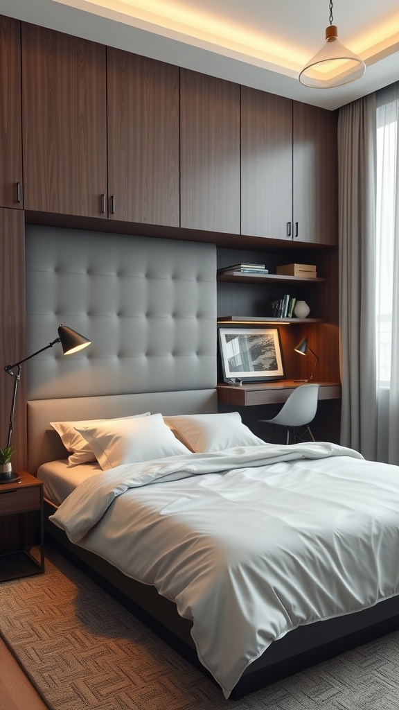 A modern bedroom featuring a bed, wall-mounted shelves, and a desk, showcasing multi-functional furniture.