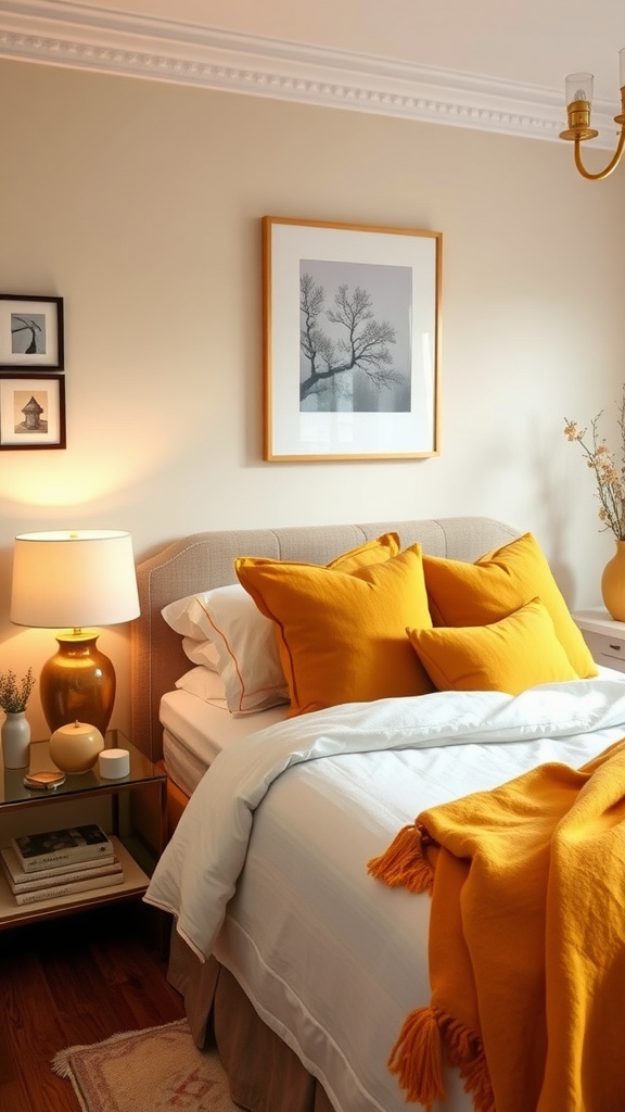 A cozy bedroom featuring mustard yellow pillows and a throw blanket on a bed, with a mustard lamp and decorative items on the nightstand.