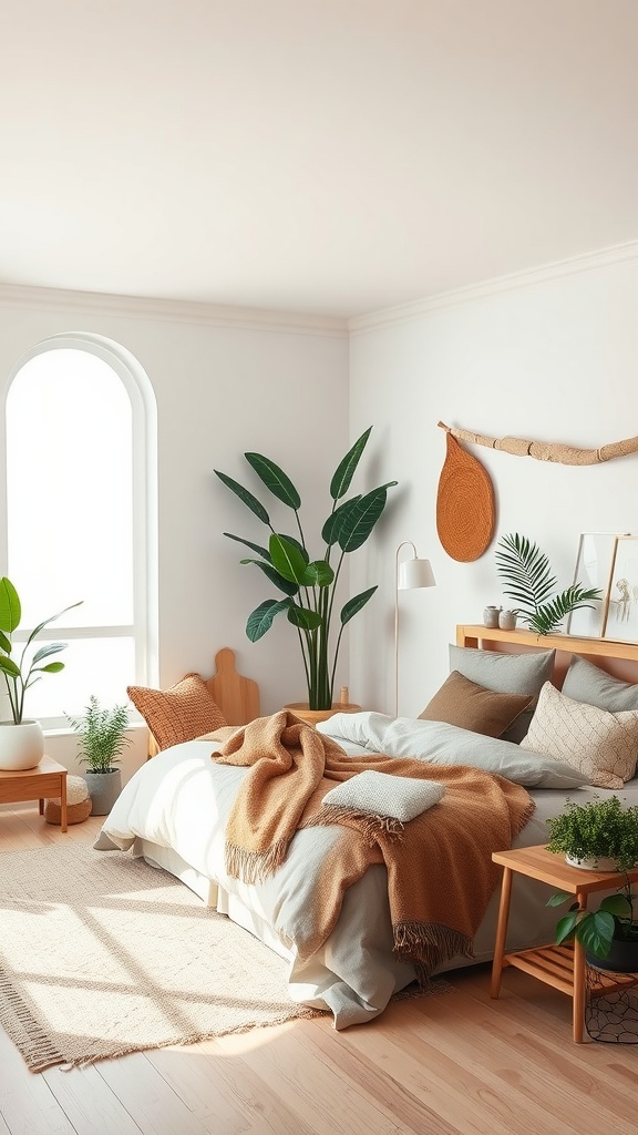 A cozy bedroom with plants, warm colors, and natural textures, creating a romantic atmosphere.