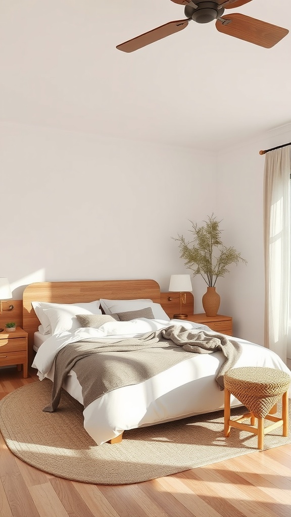 A cozy primary bedroom featuring natural wood furniture, soft textiles, and a plant.