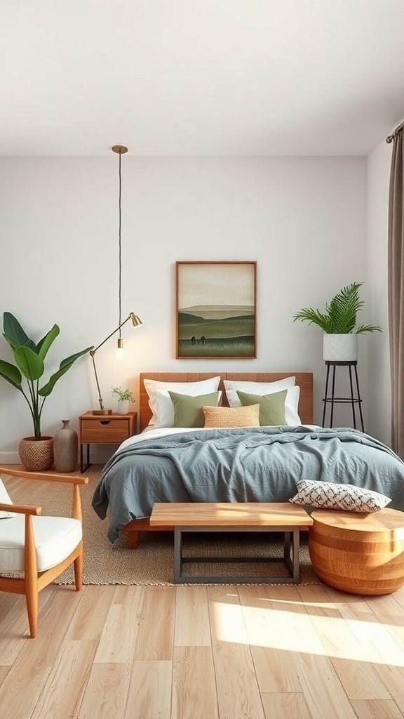 Cozy living room with wooden furniture and plants