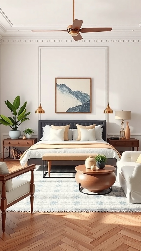 A formal living room featuring natural elements like wooden furniture, plants, and a mountain artwork.