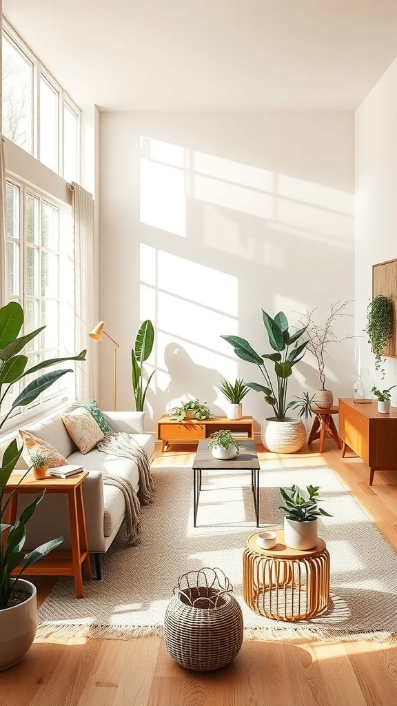 A bright beige living room with large windows, plants, and natural wood furniture.