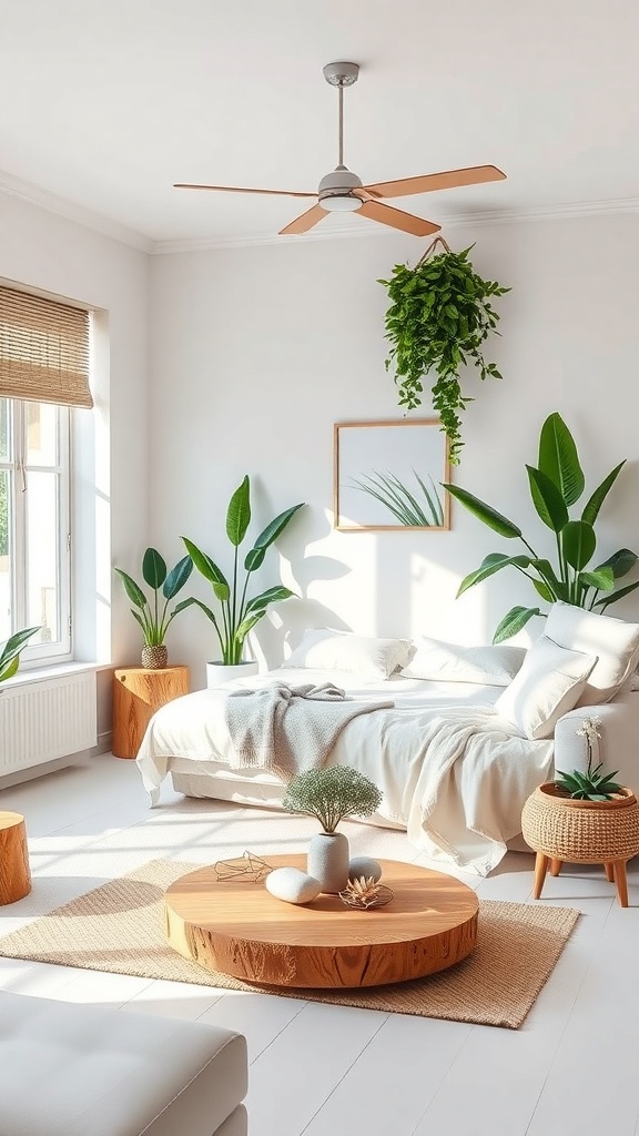 A bright white living room featuring plants, wooden furniture, and soft textiles.