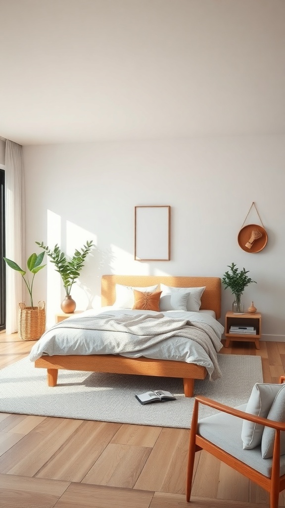 A minimalist living room featuring a wooden bed, soft bedding, and indoor plants, with natural light streaming in.