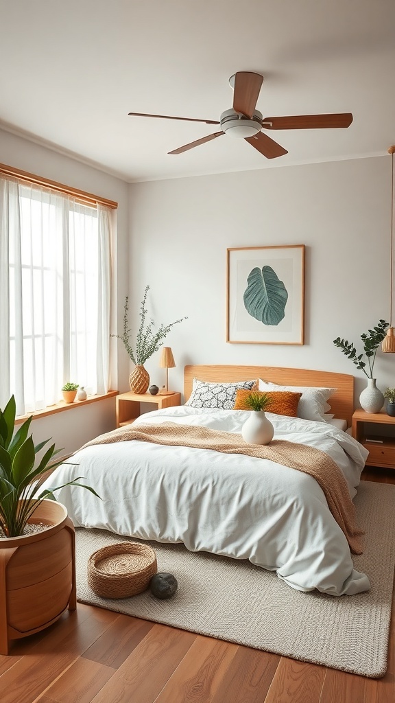 A serene Japandi bedroom featuring wooden furniture, plants, and soft textiles.