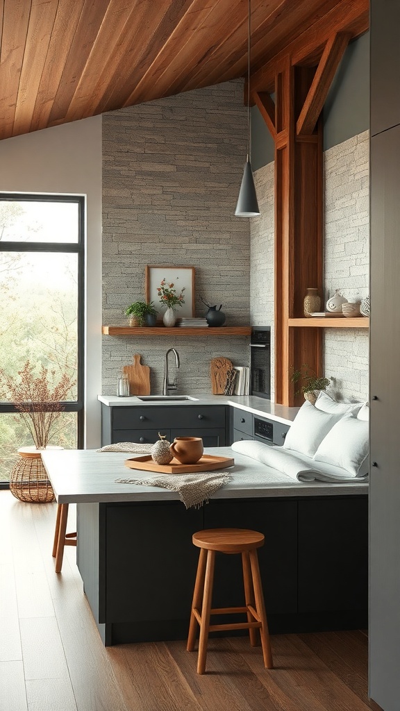 A moody kitchen featuring dark cabinetry, wooden accents, and natural elements.