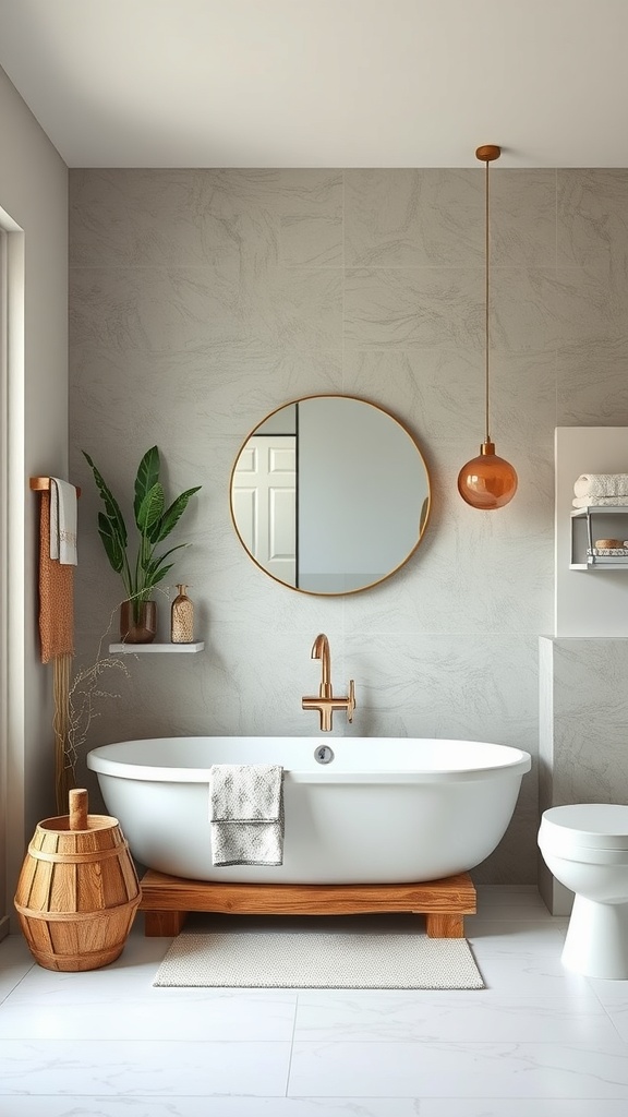 A stylish powder bathroom featuring a freestanding tub, wooden elements, and a plant.