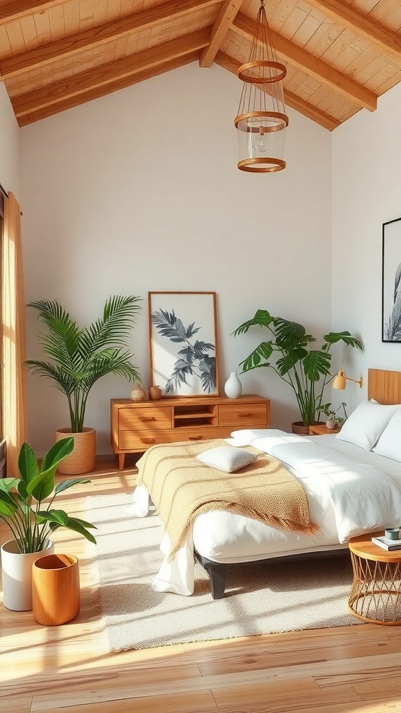 A bright bedroom with wooden ceiling, plants, and natural decor.
