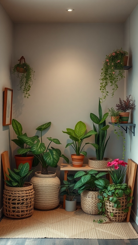 A corner of a box room with various green plants in woven baskets and a wooden shelf.
