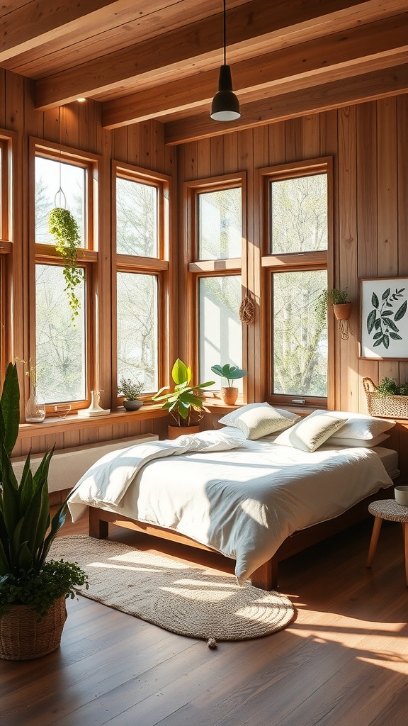 A cozy modern guest bedroom featuring large windows, wooden walls, and plants.