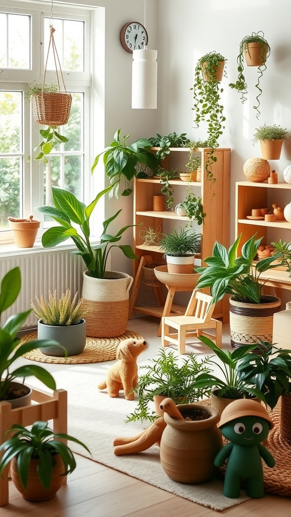 A cozy Montessori toddler room filled with various plants, wooden furniture, and playful elements.