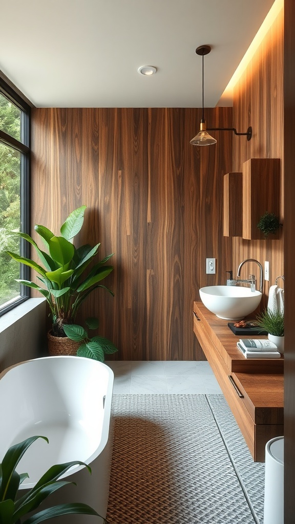 A modern bathroom featuring wooden walls, plants, a freestanding tub, and a stylish vanity.
