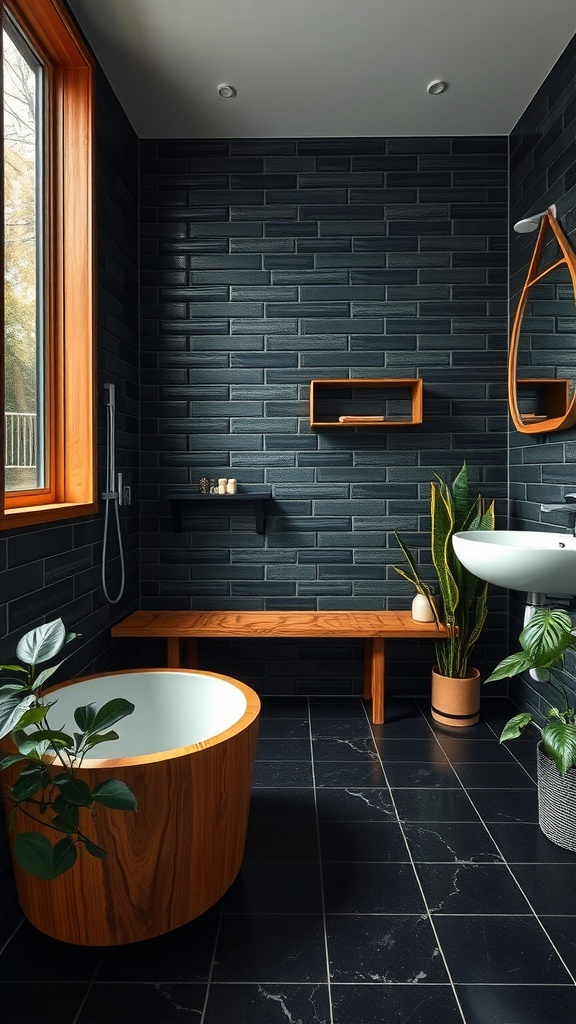 A stylish black tile bathroom featuring wooden accents and green plants.