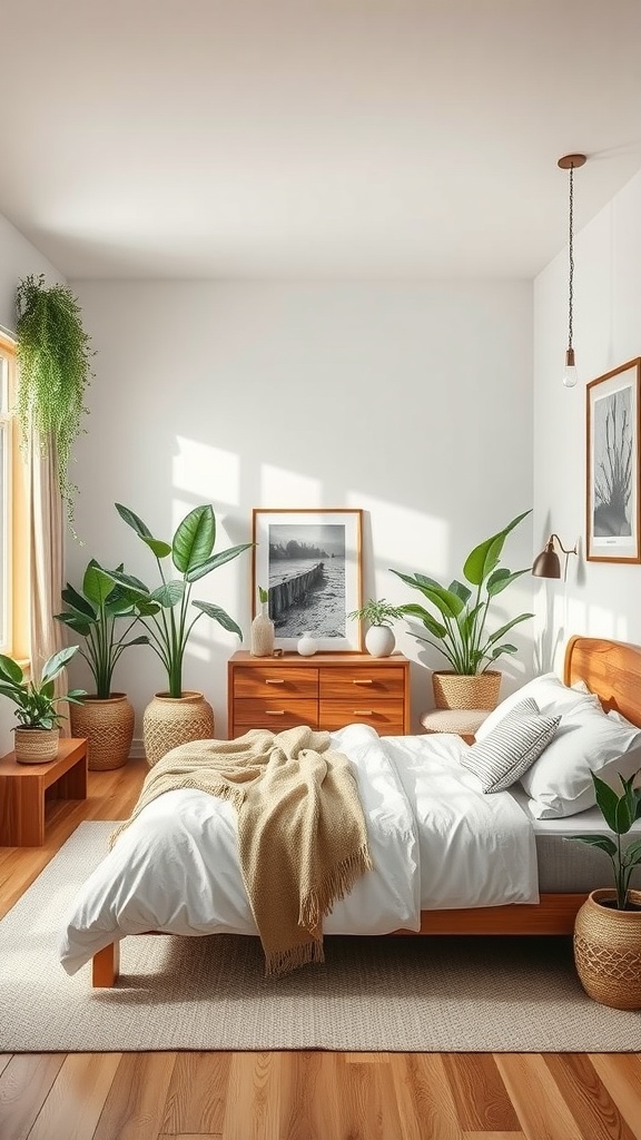 A cozy bedroom featuring wooden furniture and several indoor plants in woven pots, creating a warm and natural atmosphere.