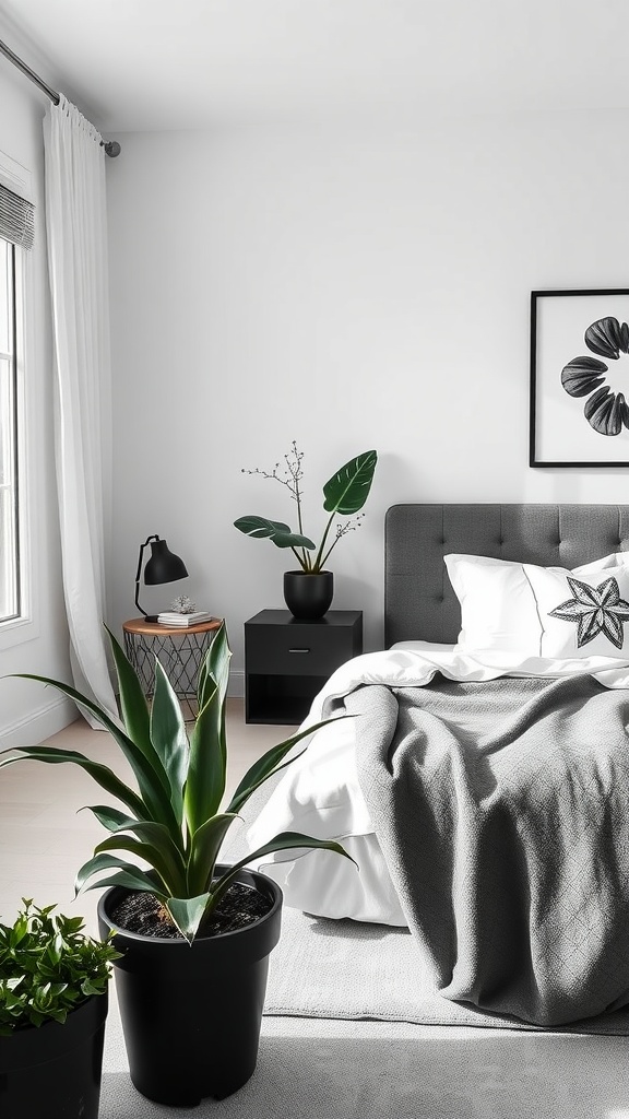Monochrome bedroom featuring a bed with gray bedding and decorative pillows, natural plants in pots, and a stylish lamp on a bedside table.