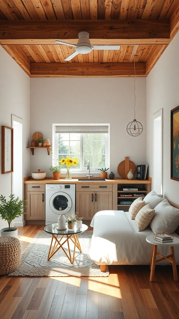 Cozy tiny farmhouse kitchen with wooden accents, plants, and natural light.
