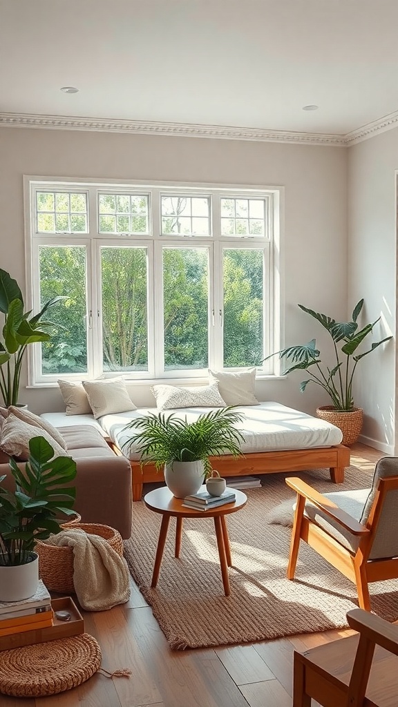 Cozy living room featuring wooden furniture and various plants.