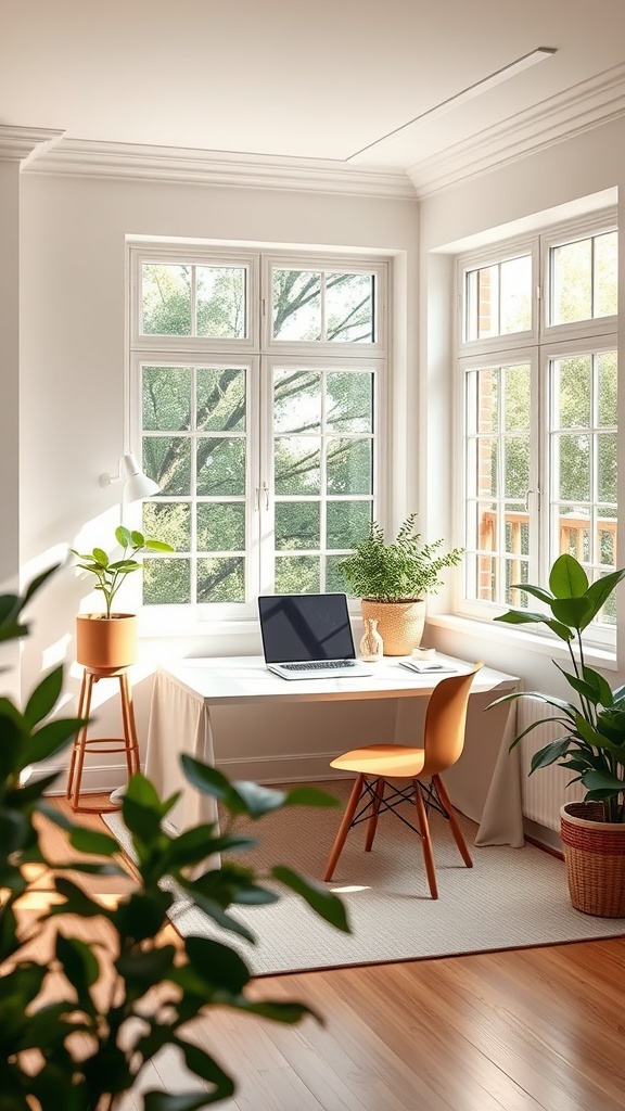 A small home office with large windows, a desk, laptop, and plants, filled with natural light.