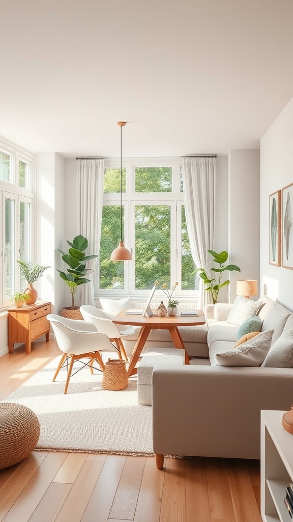 A bright small living room and dining room combo with large windows, light furniture, and plants.