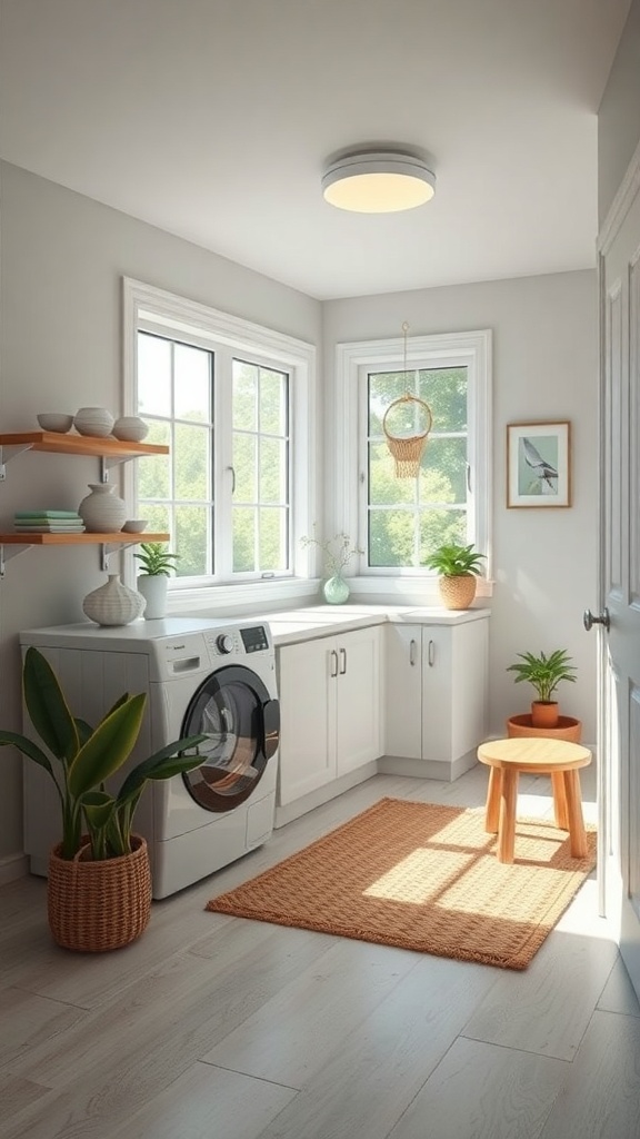 Bright and airy small laundry room with large windows, white cabinets, and plants