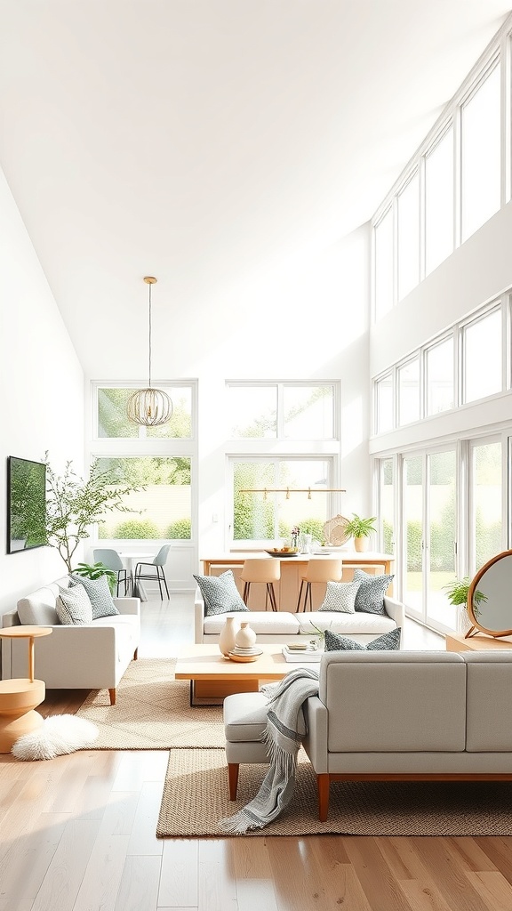 Bright and airy open space living room and kitchen with large windows and natural light.