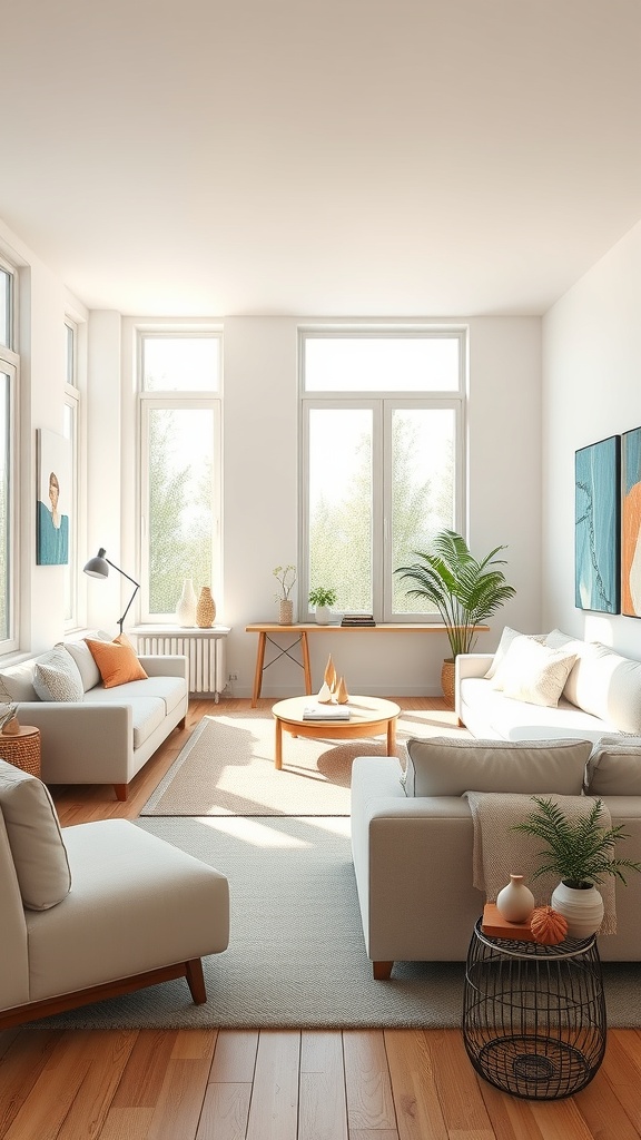 Bright living room with large windows, light-colored furniture, and plants