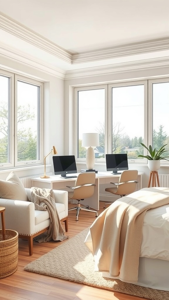 A bright bedroom office combo with large windows, two desks, and a cozy chair.