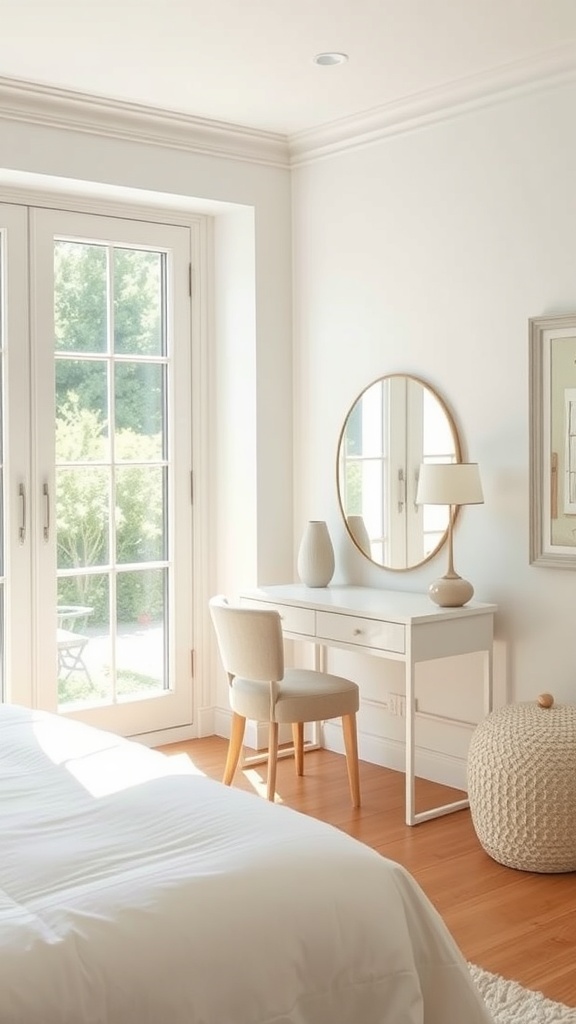 A bright bedroom featuring a vanity and desk combo with large windows allowing natural light to fill the room.