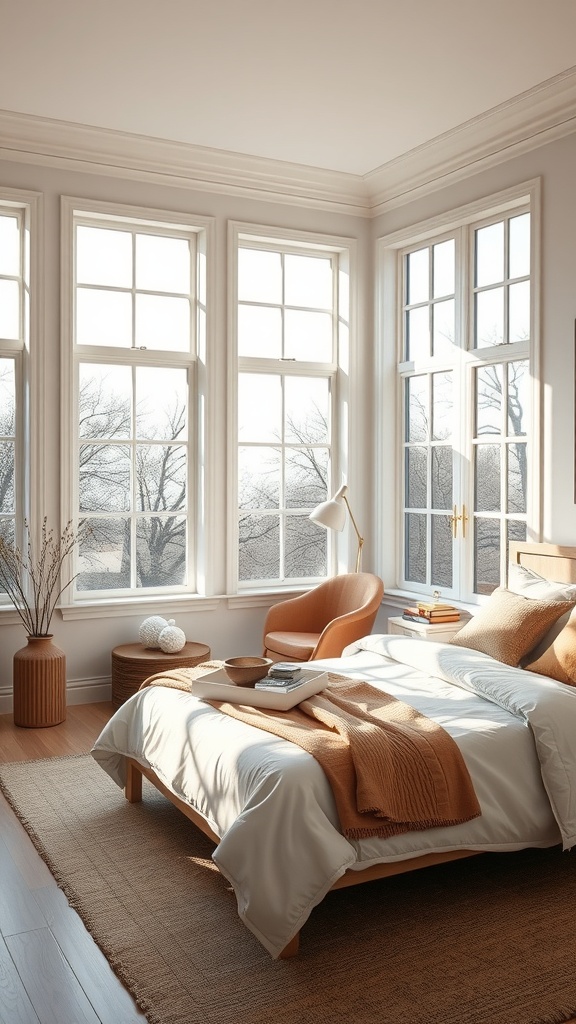 A bright bedroom with large windows, a cozy bed, and a comfortable chair, showcasing natural light and a warm atmosphere.