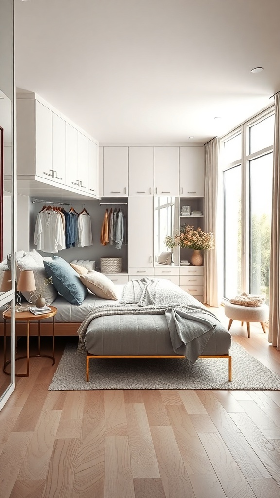 Bright walk-in wardrobe with natural light and large windows
