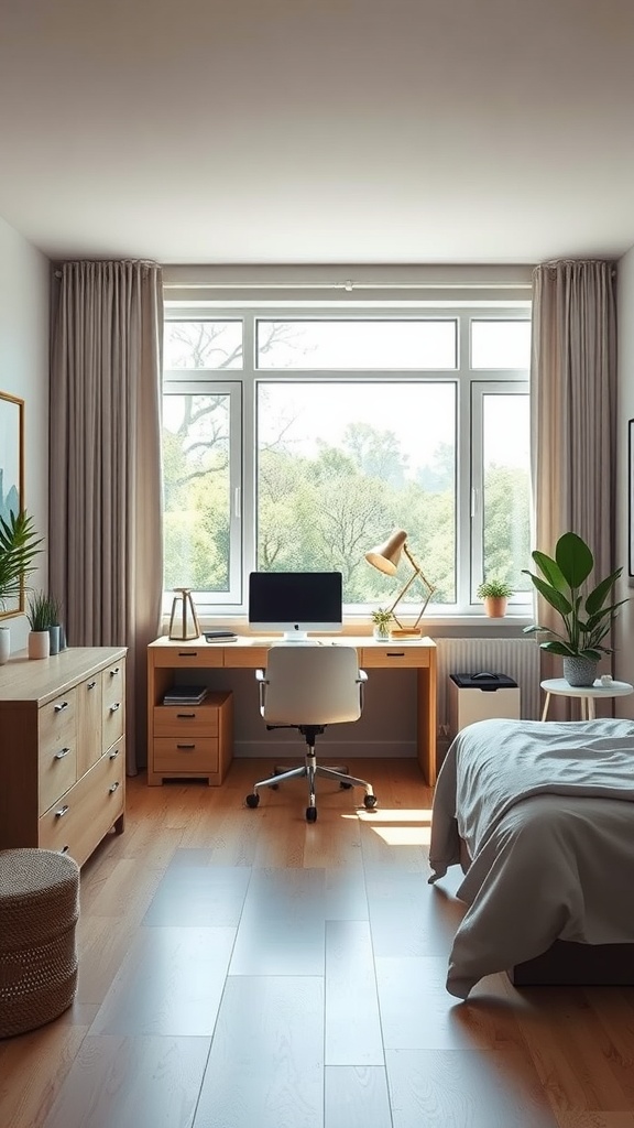 A bright bedroom office setup with a large window, wooden furniture, and plants.