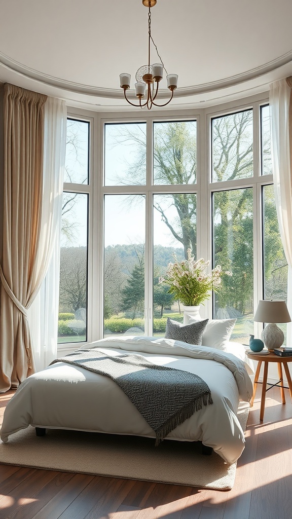 Bright guest bedroom with large windows, neutral bedding, and plants