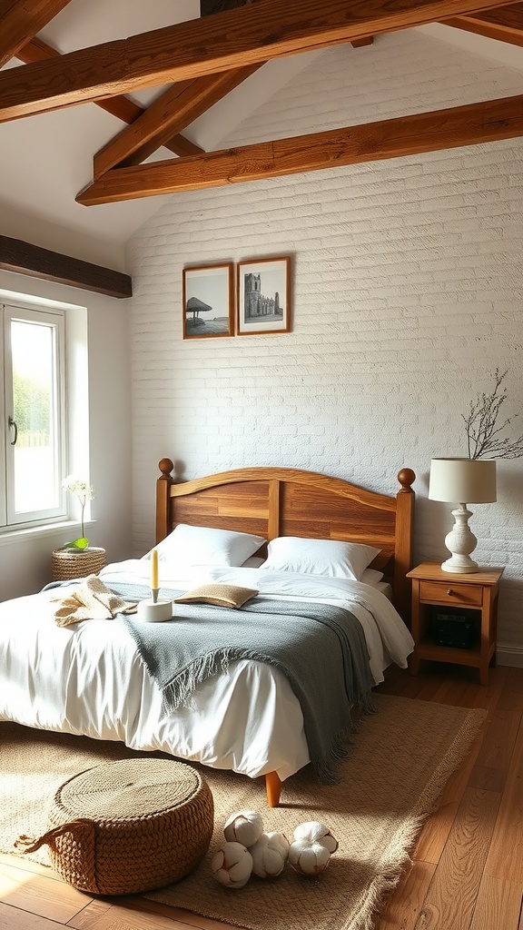 A cozy farmhouse bedroom featuring a wooden bed, natural textiles, and rustic decor.
