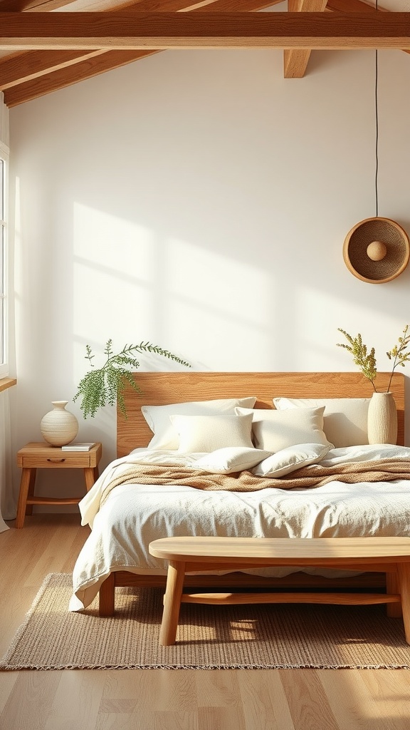 A neutral aesthetic bedroom featuring a wooden bed, soft textiles, and plants, creating a warm and inviting atmosphere.