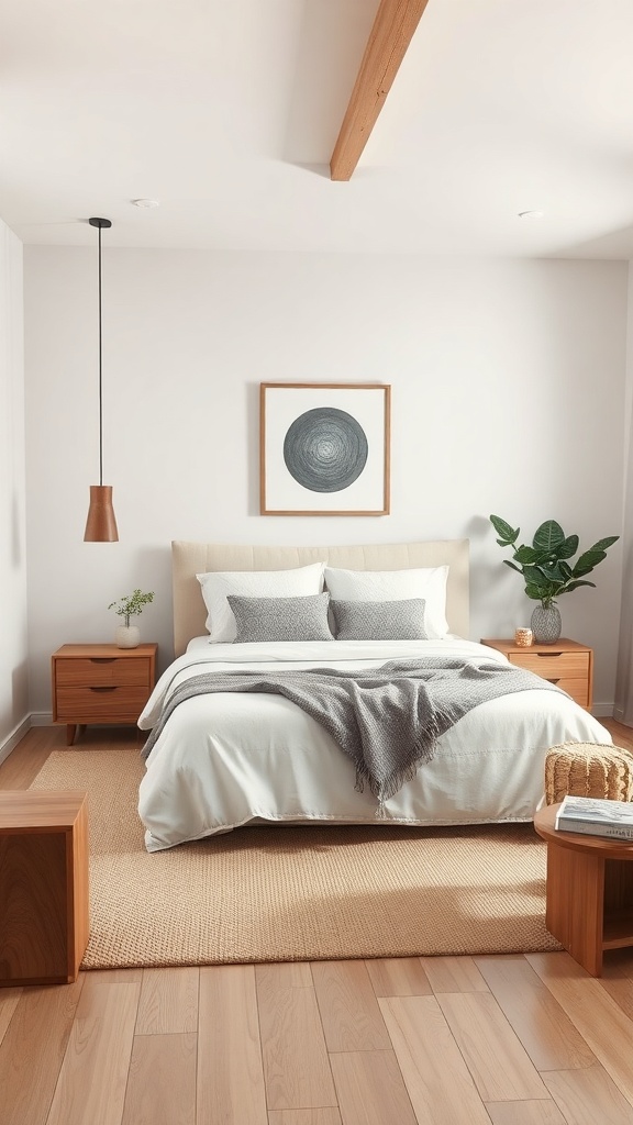 Mid-century modern bedroom featuring wooden furniture, neutral linens, and a small plant.