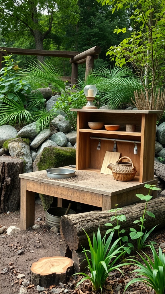 A natural mud kitchen made of wood, surrounded by plants and rocks.