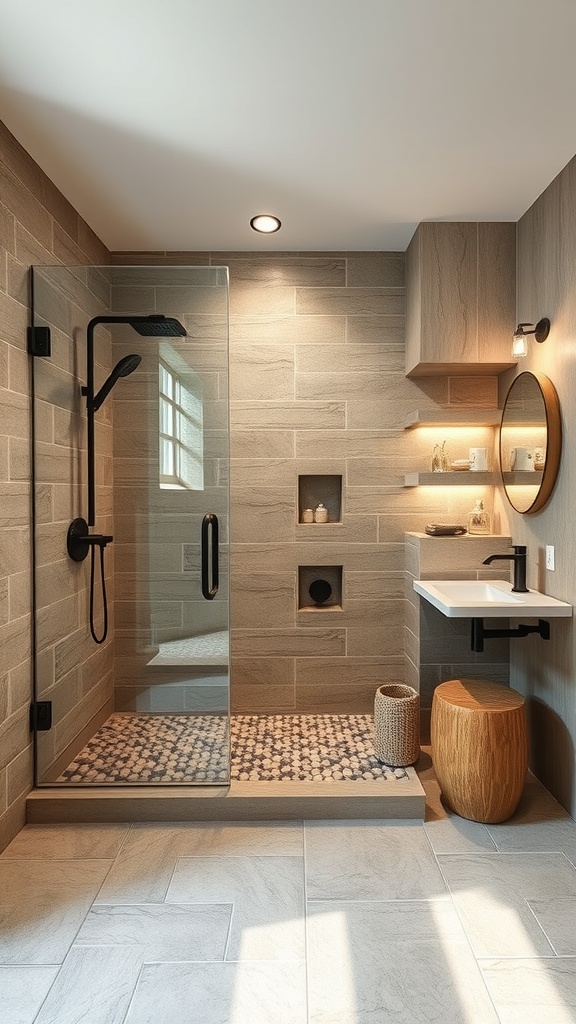 A modern walk-in shower featuring natural stone tiles, a glass door, and wooden accents.