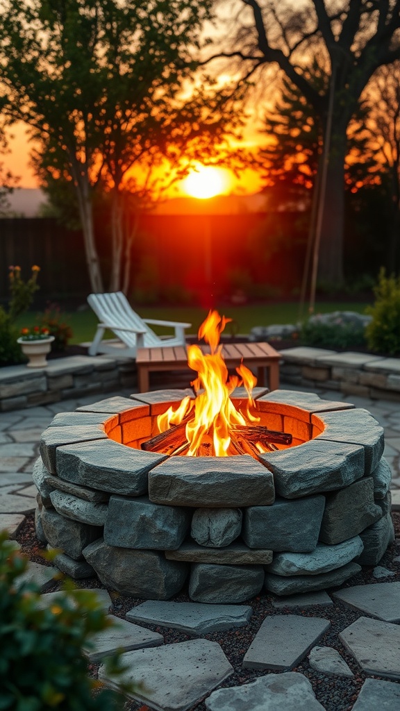 A backyard fire pit made of natural stone, with flames burning and a sunset in the background.