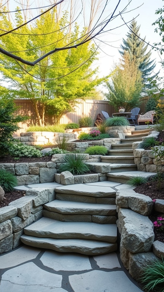A landscaped backyard featuring natural stone steps leading through lush greenery and plants.