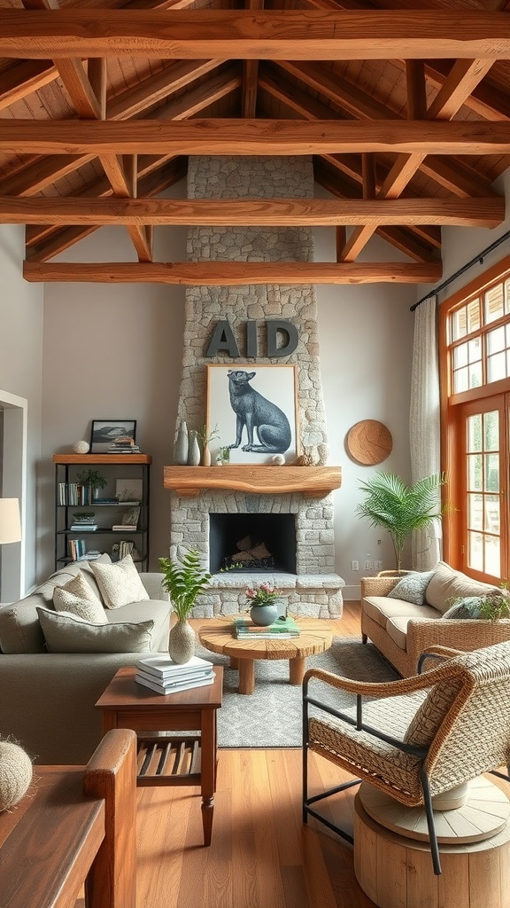 A cozy living room featuring wooden beams, a stone fireplace, and natural textures.
