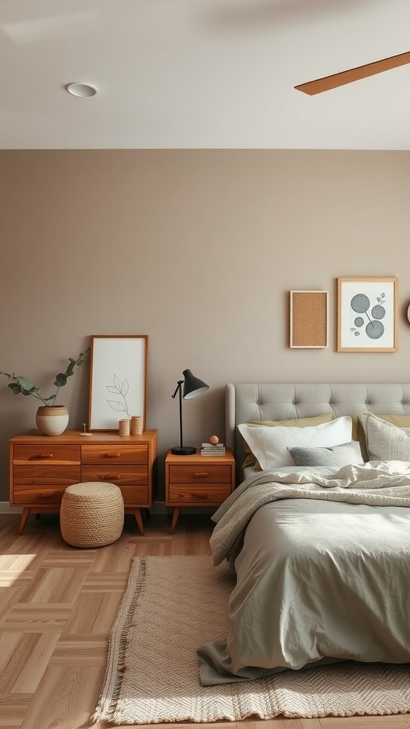 Cozy taupe bedroom with natural wood accents, featuring wooden nightstands, decor, and flooring.