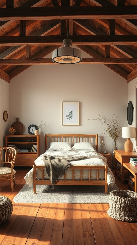 A cozy Scandinavian bedroom featuring wooden furniture and beams