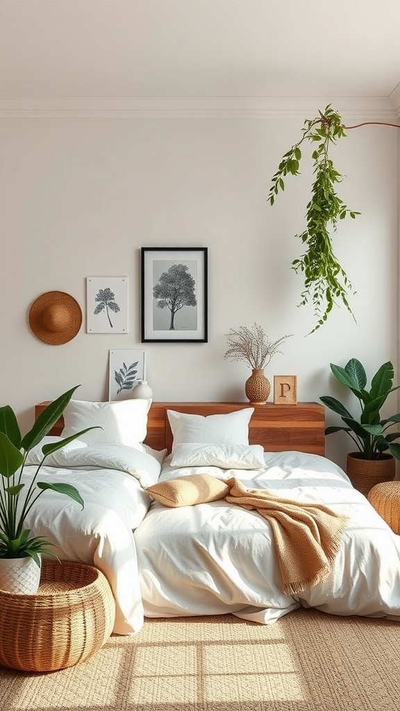 A bright shared bedroom with natural elements including plants, tree artwork, and a cozy aesthetic.