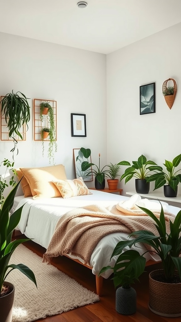 A shared bedroom with two twin beds, surrounded by various indoor plants and subtle nature-inspired decor.