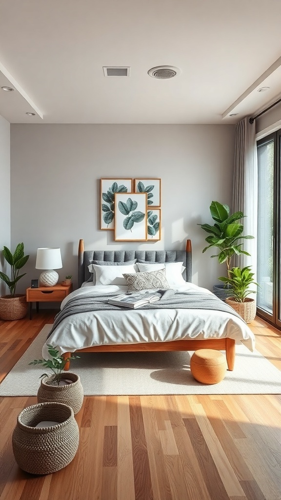 A cozy bedroom featuring wooden furniture, potted plants, and botanical artwork.