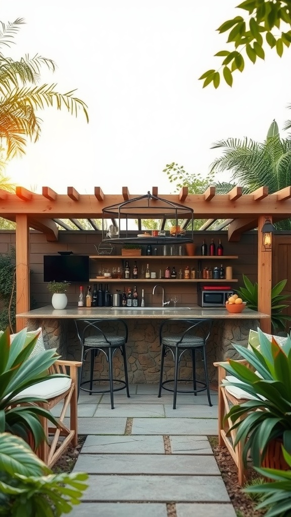 A backyard bar made of wood and stone, surrounded by lush greenery, with seating and a pathway leading to it.