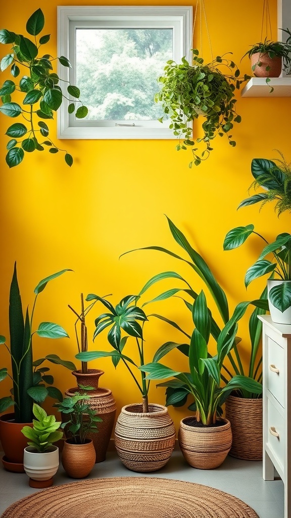 A cozy nursery with a yellow wall and various potted plants, featuring different shapes and sizes of greenery.