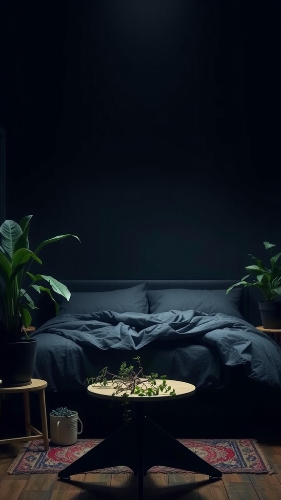 A dark cozy bedroom featuring a bed with dark bedding and indoor plants on either side, creating a romantic atmosphere.